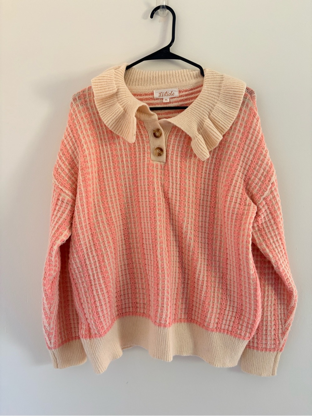 Listicle Pink and Cream Ruffle-Collar Knit Pullover